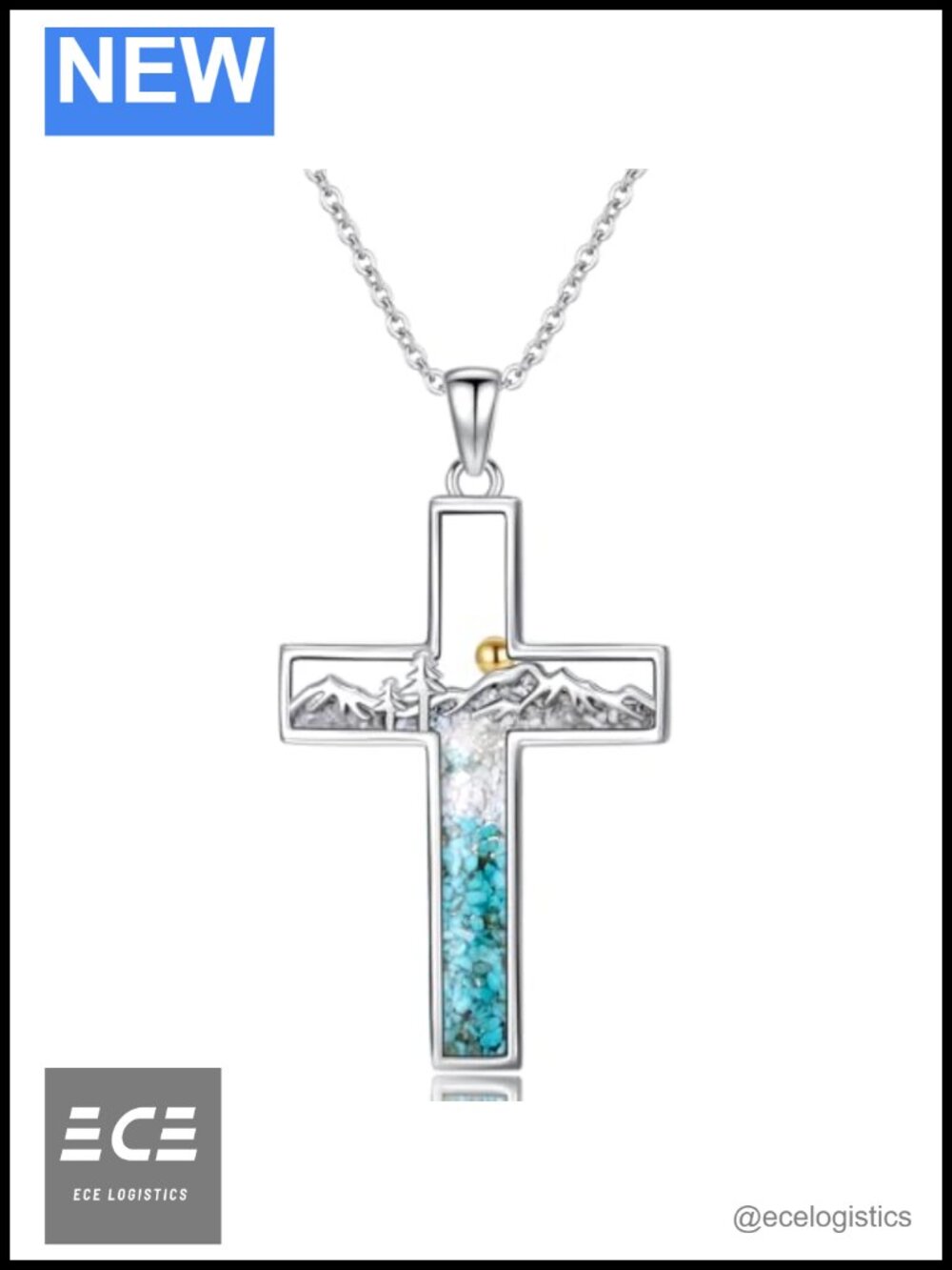 925 Sterling Silver Mountain Sunset Cross Necklace Turquoise Pendant